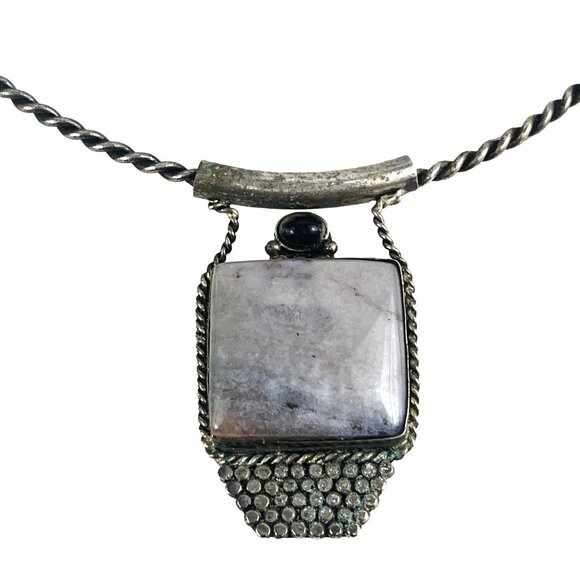 Vintage Handcrafted Silver Necklace With Gray Agate Stone Pendant - Picture 2 of 7